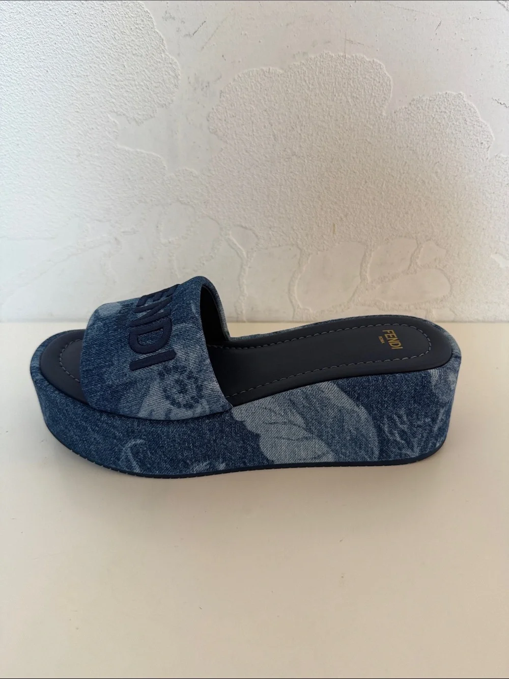 Fendi Sunshine Blue Denim Embroidered Platform Slides NWT Size 38